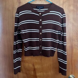 Eloquii Chocolate Brown and White Striped Rib Knit Cardigan